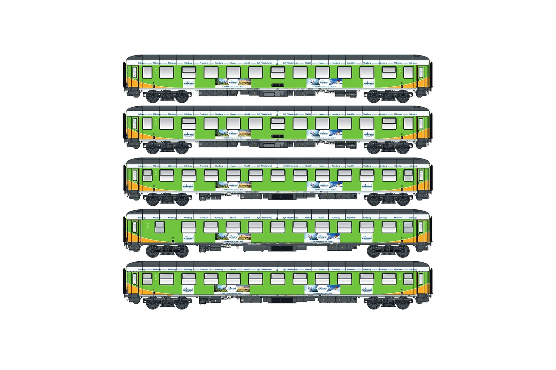 H0 5-Car Set of Bvcmz+Bvcmbz Alpen-Sylt-Express passenger cars
