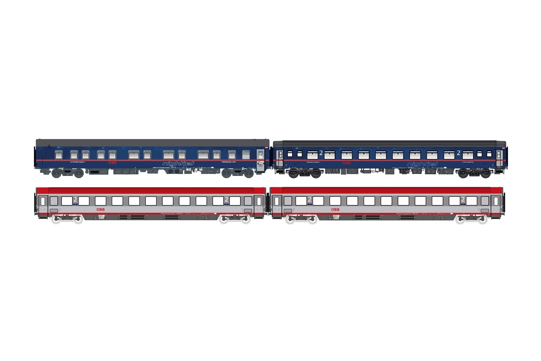 H0 4-Car Set of ÖBB NJ Night Train Cars, NJ408, Set I